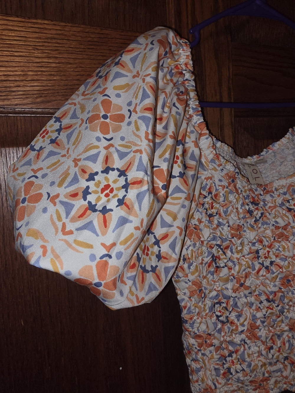 dolan Floral Smocked Puff Sleeve Crop Top in Cream, Orange & Blue